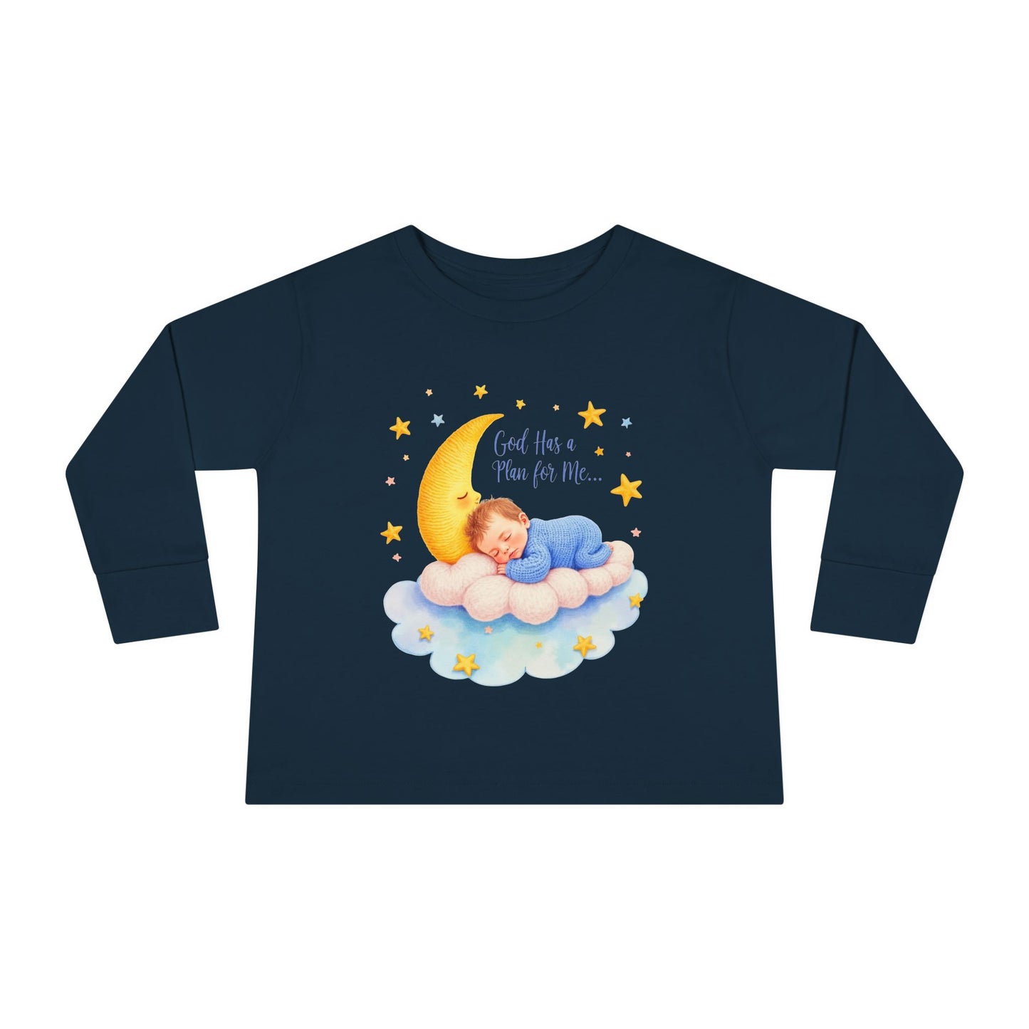 God Has a Plan for Me Toddler Long Sleeve Tee — Sleeping Baby on Moon Cloud