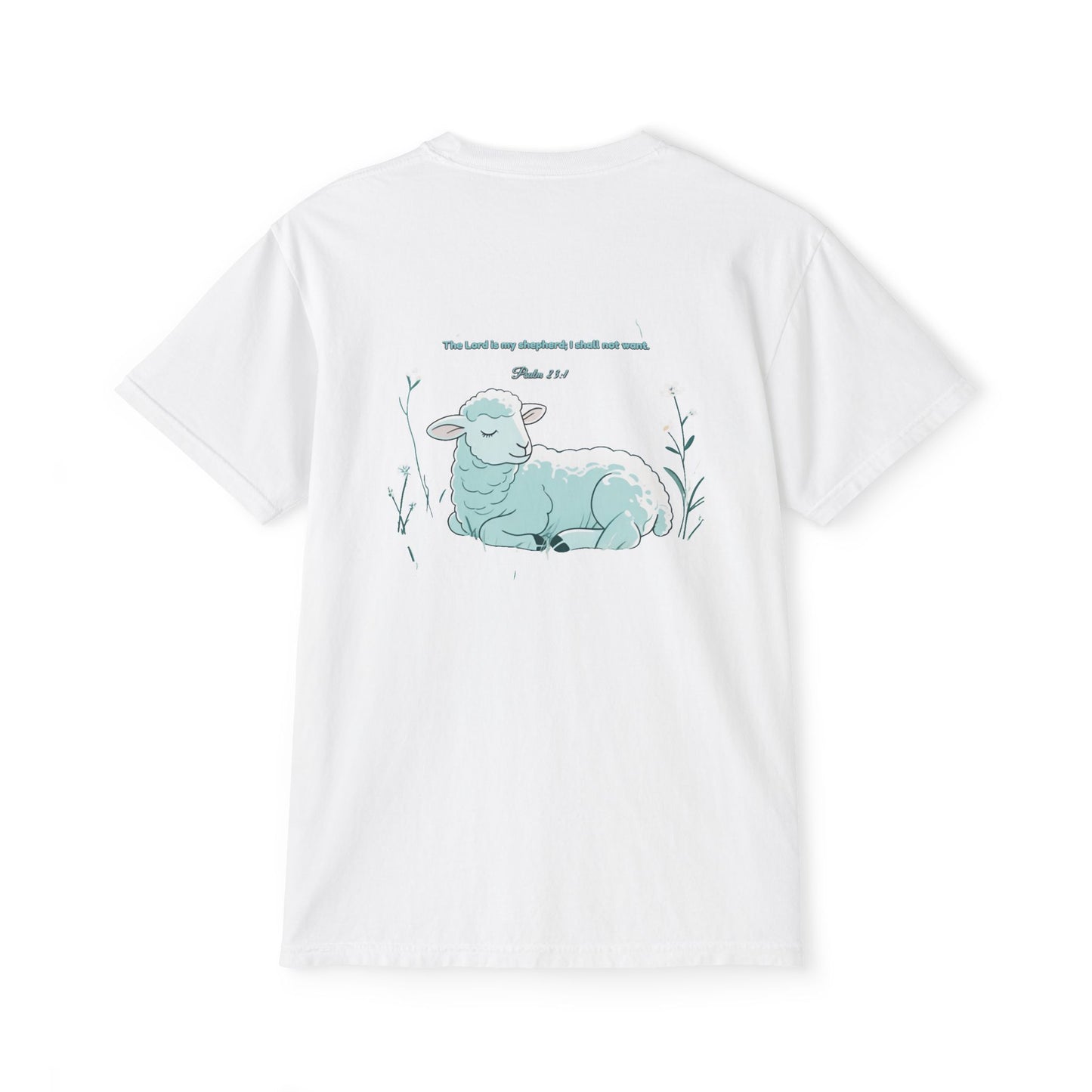 Lamb Rest Pocket T‑Shirt — Vintage Seafoam Pocket Tee with Script Verse