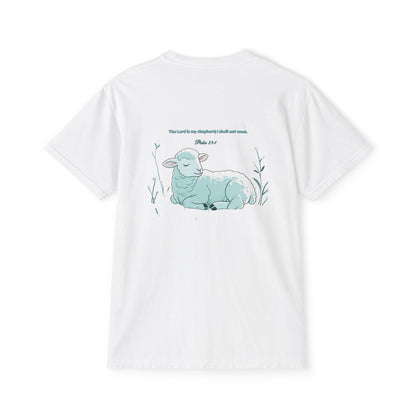 Lamb Rest Pocket T‑Shirt — Vintage Seafoam Pocket Tee with Script Verse