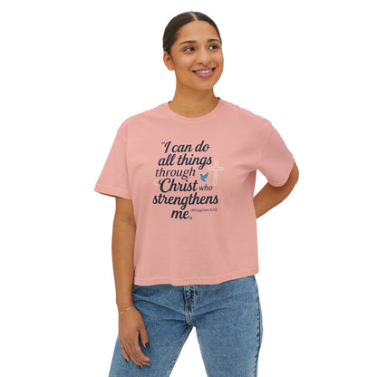 Christian Graphic Boxy Tee — "I Can Do All Things Through Christ" Inspirational Women’s T‑Shirt