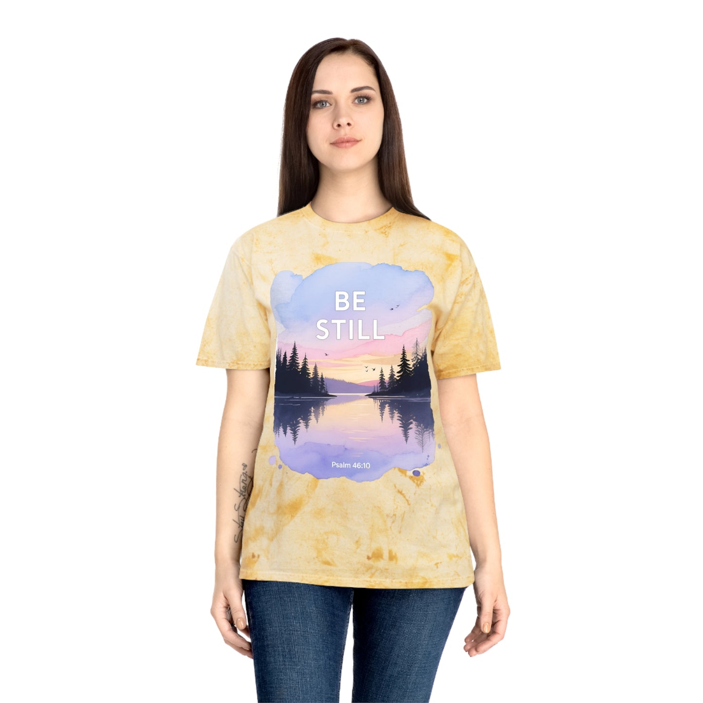 Be Still Scenic T-Shirt — Psalm 46:10 Sunset Lake Tee
