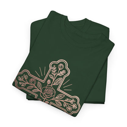 Floral Cross Tee – Delicate Pink Botanical Christian T-Shirt