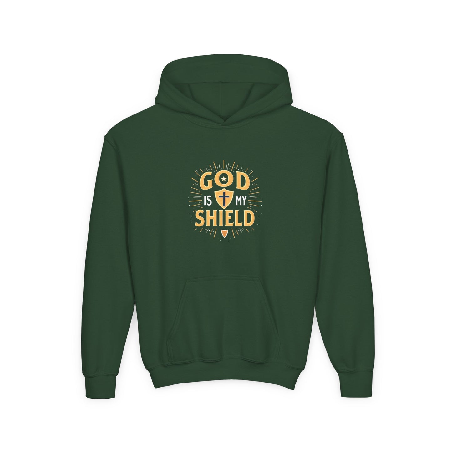 Youth Hoodie — "God Shield" Faith Graphic Pullover