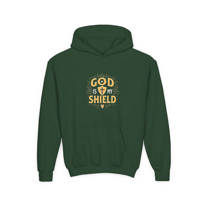 Youth Hoodie — "God Shield" Faith Graphic Pullover