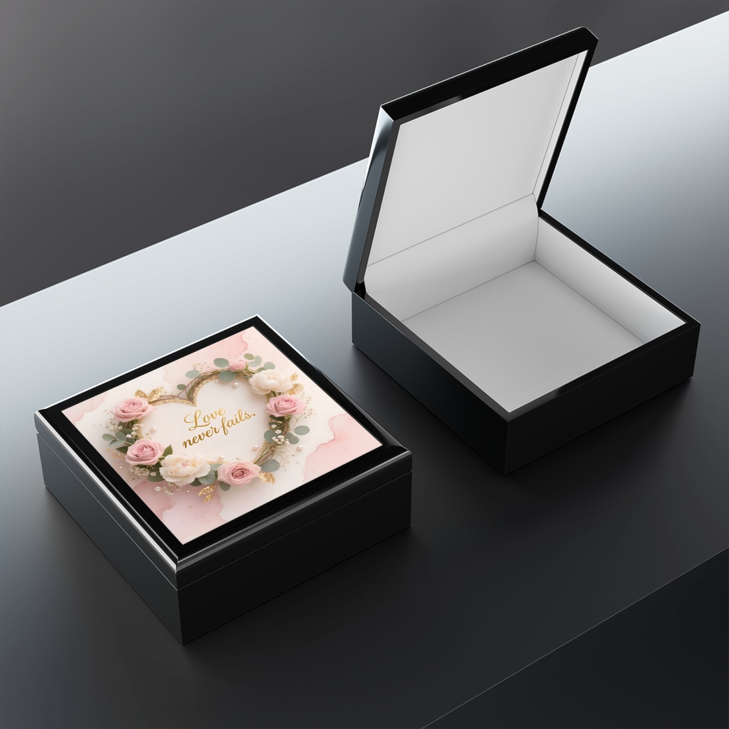 Jewelry Box - "Love Never Fails" Floral Heart Keepsake Box