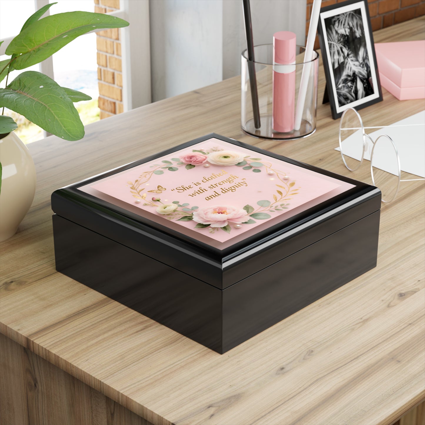 Jewelry Box - Floral Pink Keepsake with Quote “She is clothed with strength and dignity”