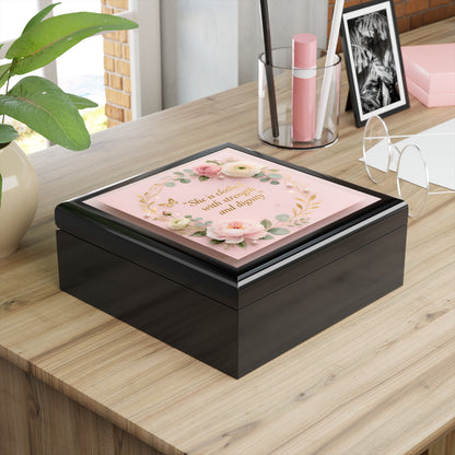 Jewelry Box - Floral Pink Keepsake with Quote “She is clothed with strength and dignity”