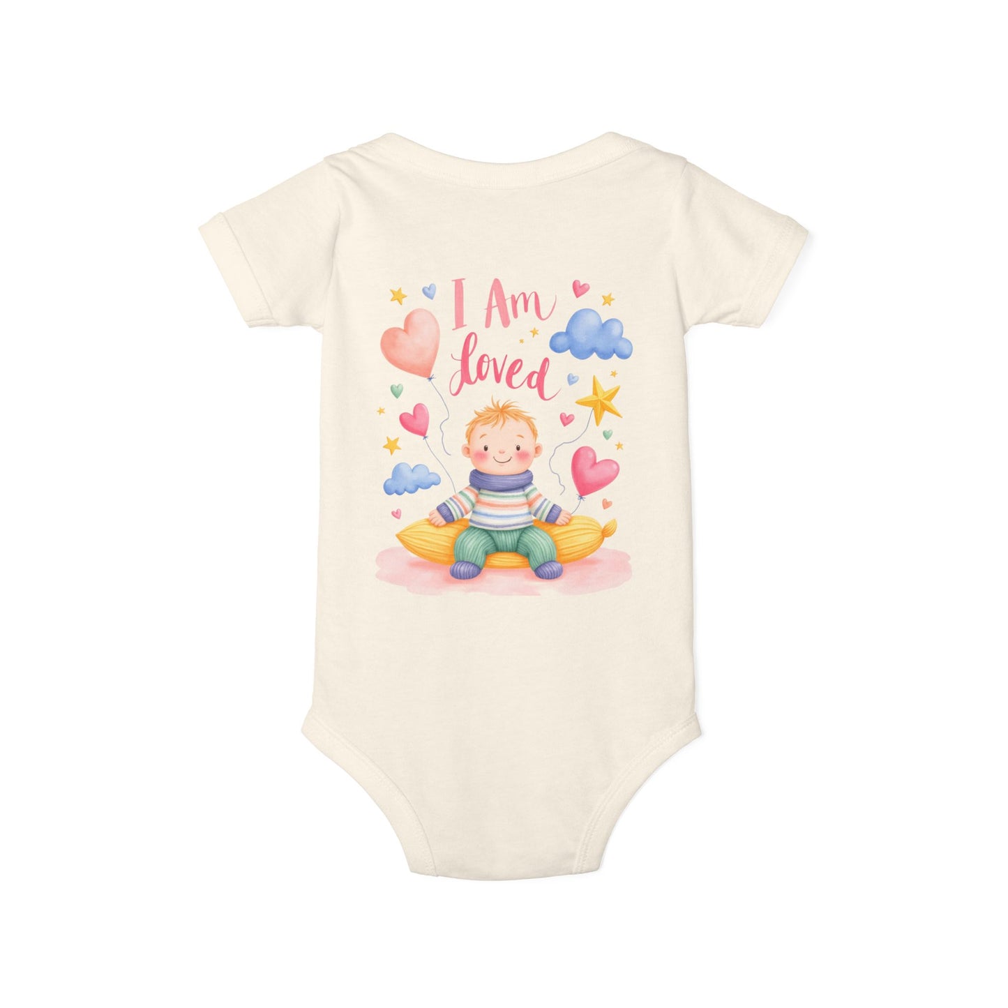 “I Am Loved” Baby Onesie – Cute Infant Bodysuit with Heart & Cloud Illustration