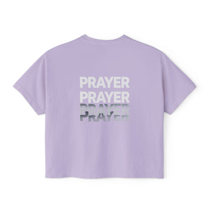 Prayer Boxy Tee — Women's Spiritual Graphic Top (Prayer Repeated Design)
