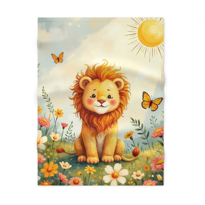 Cute Lion Baby Blanket — Soft Fleece Nursery Throw with Sun & Butterflies