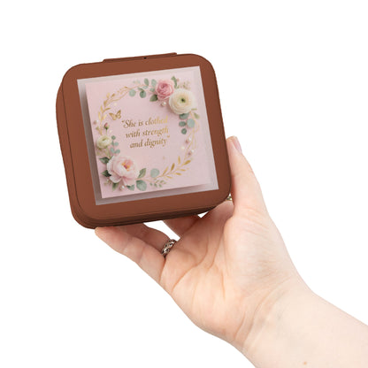 Pink Floral Jewelry Travel Case – Compact Organizer with Ring Rolls & Compartments (She is Strong with Courage and Dignity)