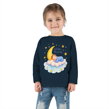 God Has a Plan for Me Toddler Long Sleeve Tee — Sleeping Baby on Moon Cloud