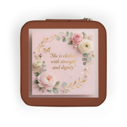 Pink Floral Jewelry Travel Case – Compact Organizer with Ring Rolls & Compartments (She is Strong with Courage and Dignity)