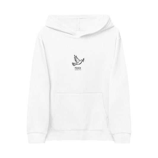 Kids Hoodie with Embroidered Dove & "Peace" Graphic — Soft White Fleece