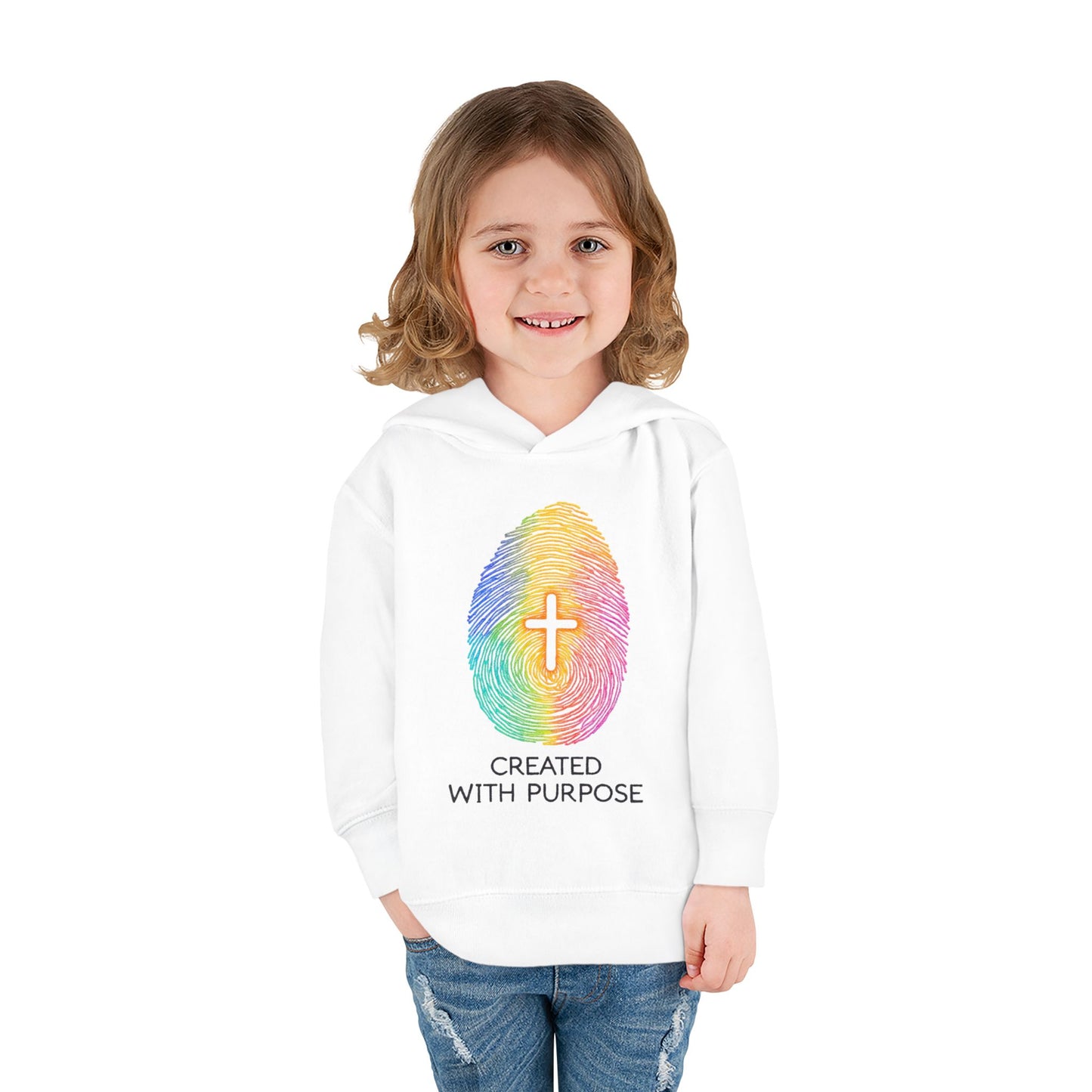 Toddler Hoodie — "Created With Purpose" Rainbow Fingerprint Cross