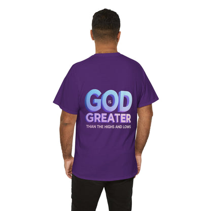 God Greater Gradient Tee — Soft Blue & Lilac Faith Shirt