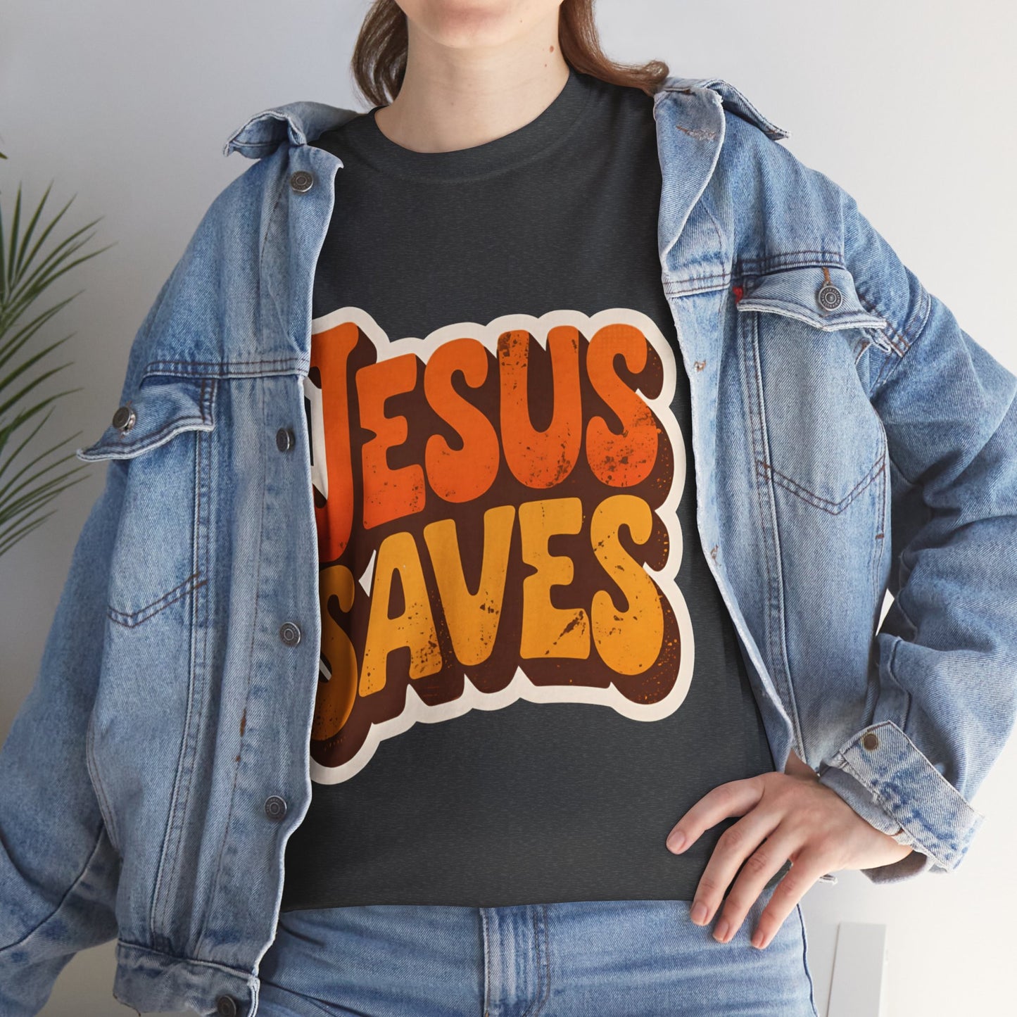 Jesus Saves Retro Tee — Bright Sunset Faith T-Shirt