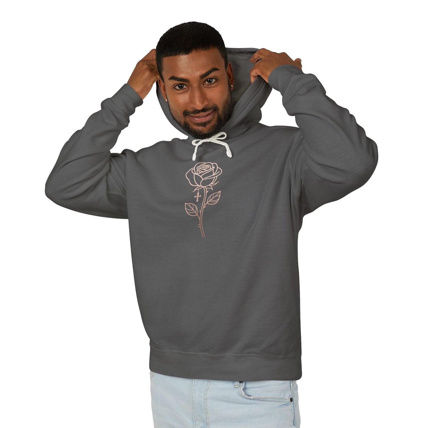 Lightweight Rose Line Hoodie — Subtle Single-Line Floral Design