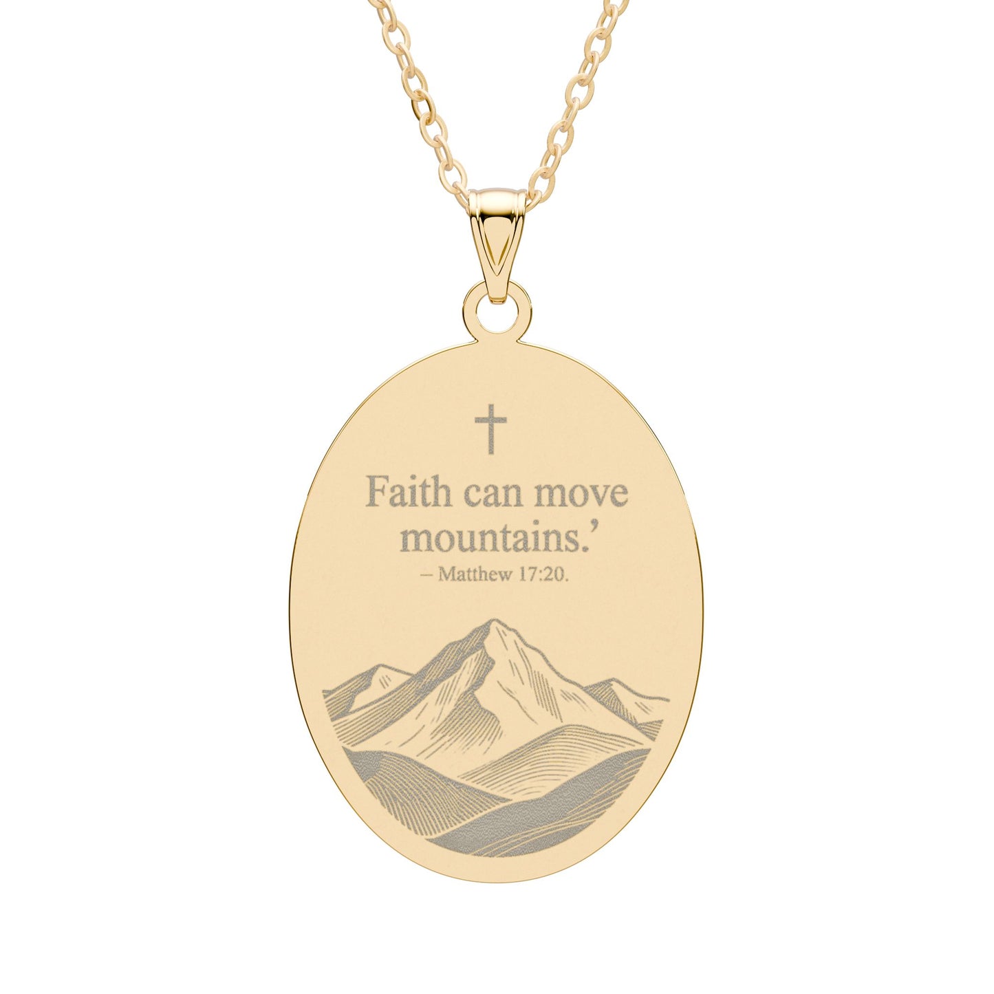 Faith Can Move Mountains Oval Pendant – Christian Inspirational Necklace (Cross & Mountain Design)