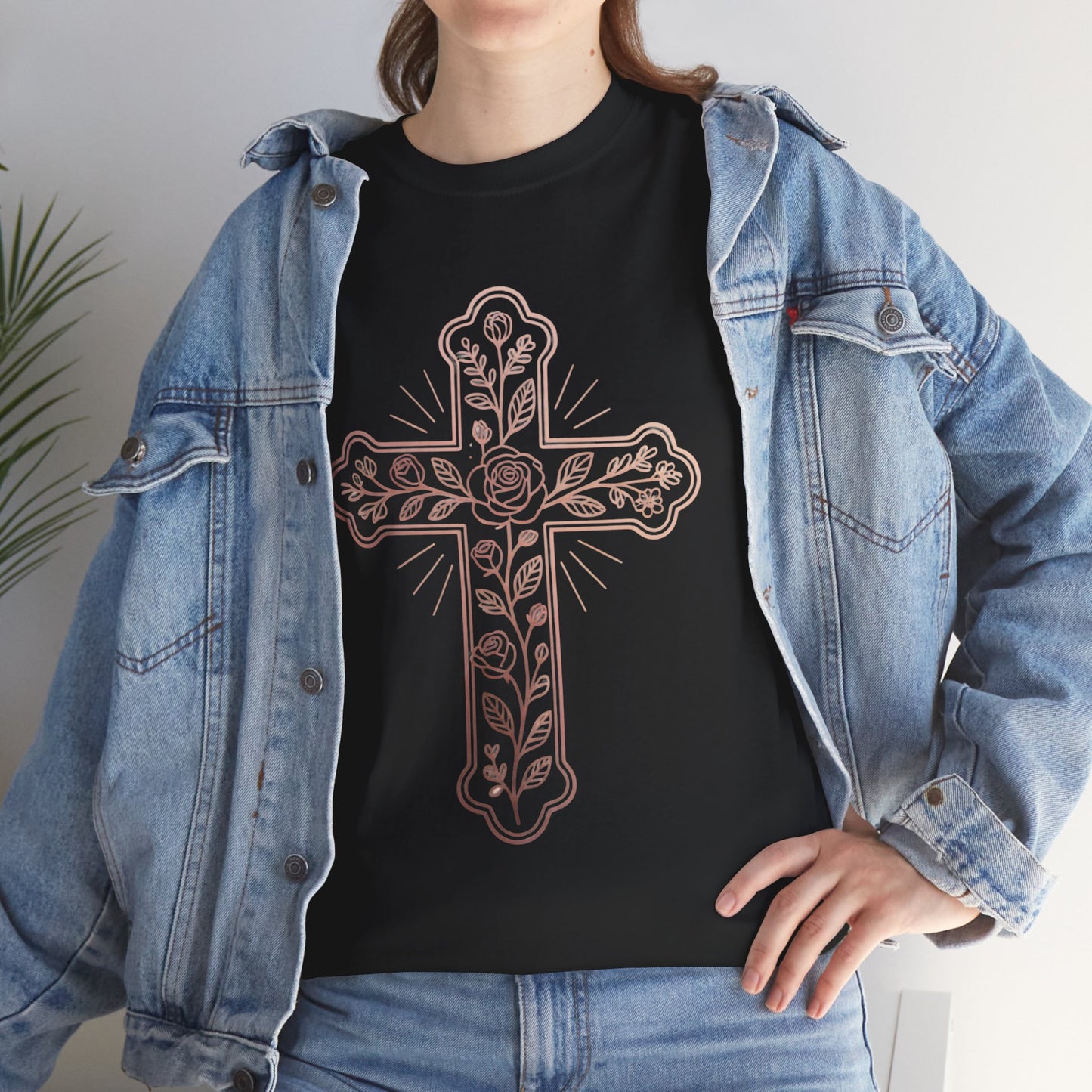 Floral Cross Tee – Delicate Pink Botanical Christian T-Shirt