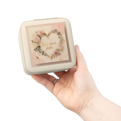Portable Jewelry Travel Case - Pink Floral 'Love Never Fails' Organizer