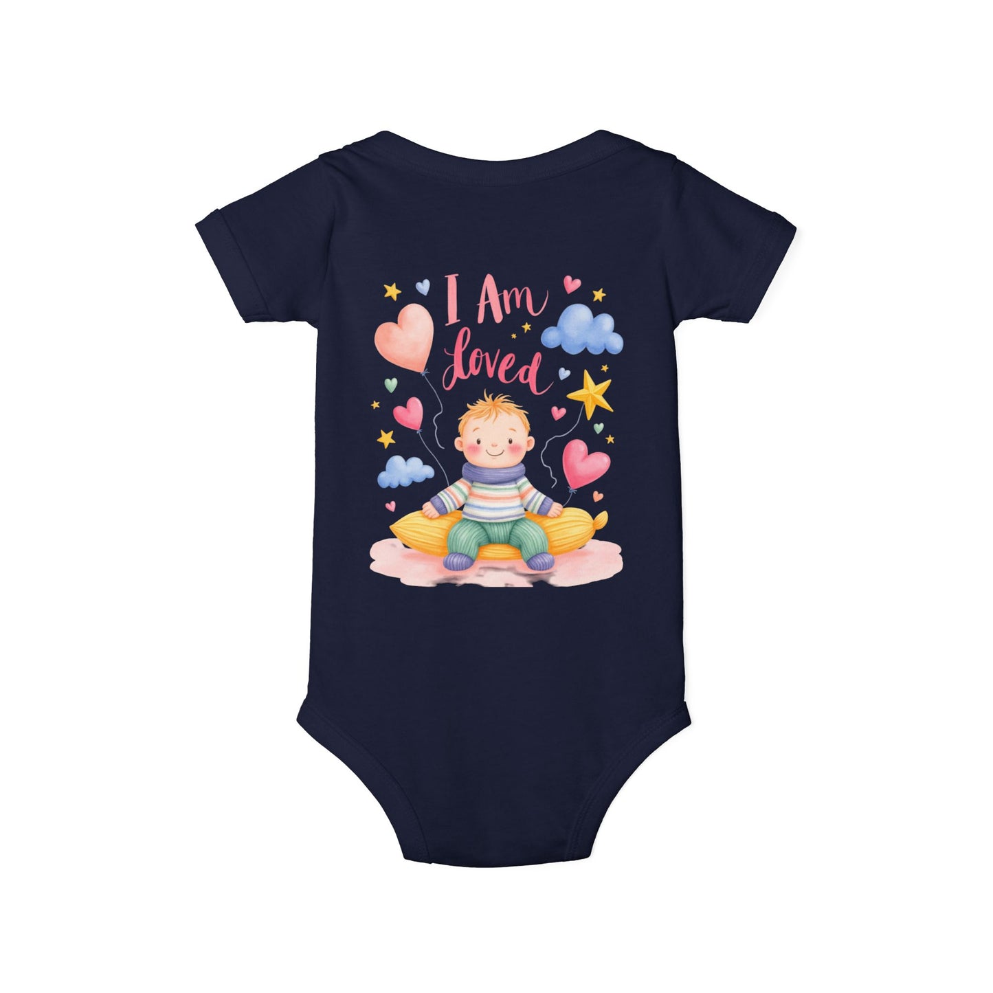 “I Am Loved” Baby Onesie – Cute Infant Bodysuit with Heart & Cloud Illustration