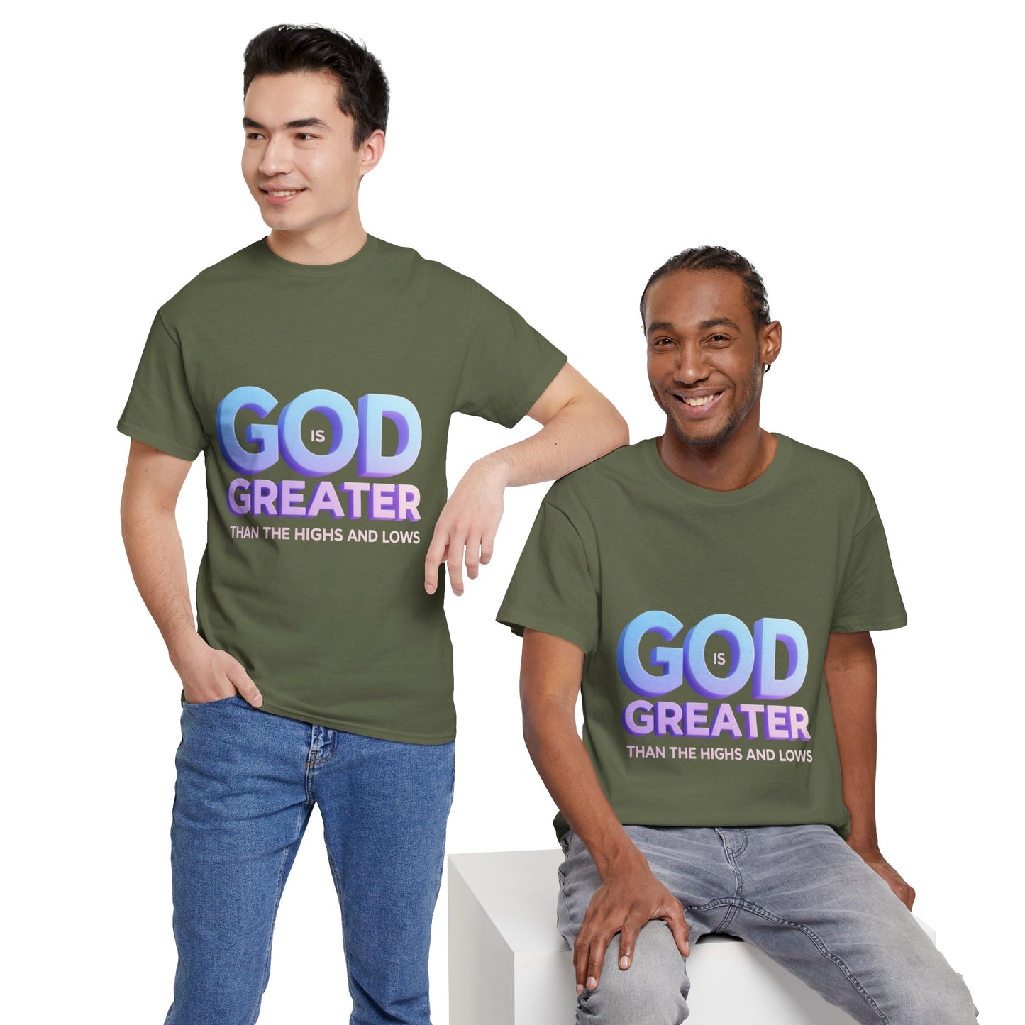 God Greater Gradient Tee — Soft Blue & Lilac Faith Shirt