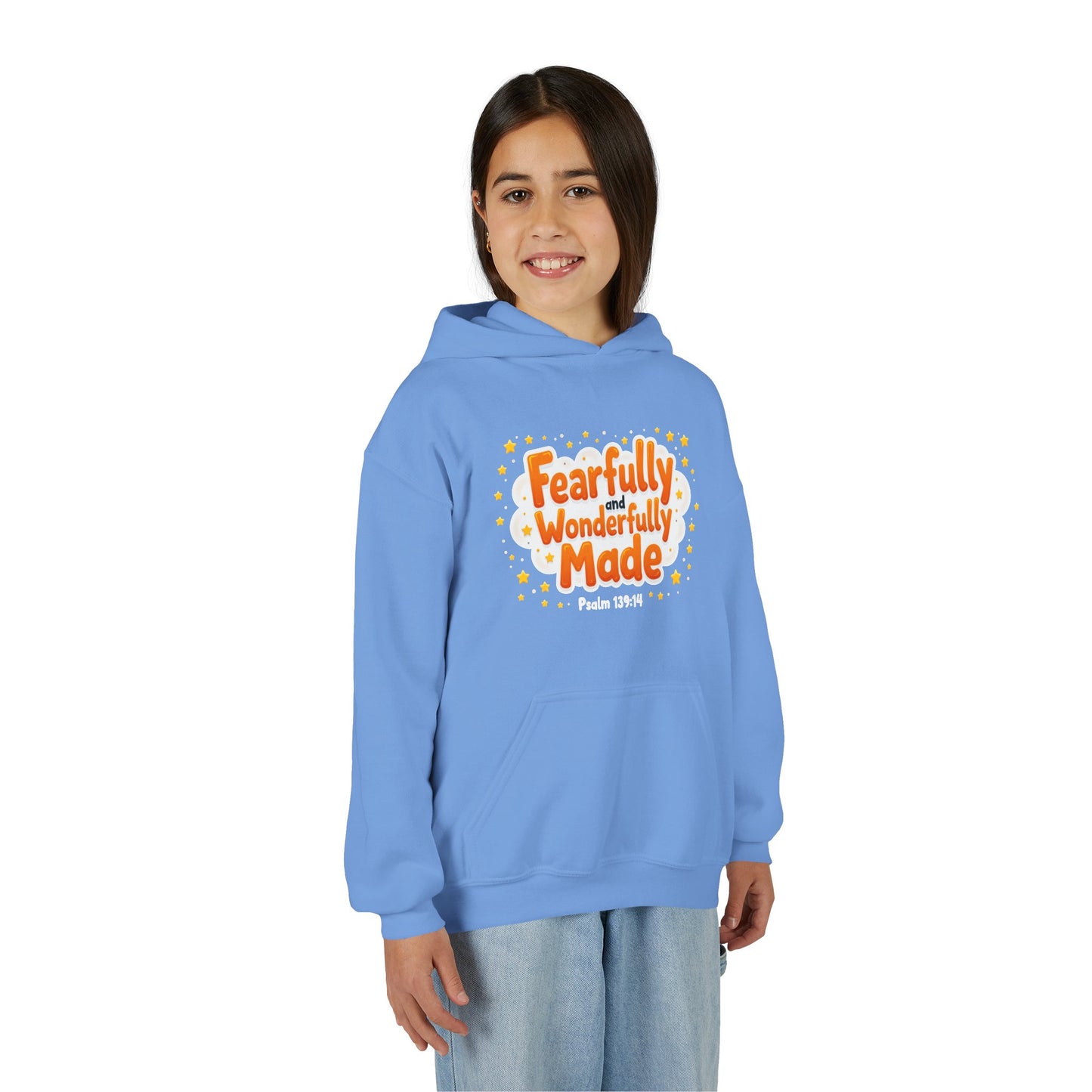 Youth Hoodie — "Fearfully & Wonderfully Made" Christian Kids Sweatshirt (Psalm 139:14)