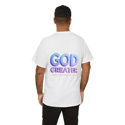 God Greater Gradient Tee — Soft Blue & Lilac Faith Shirt