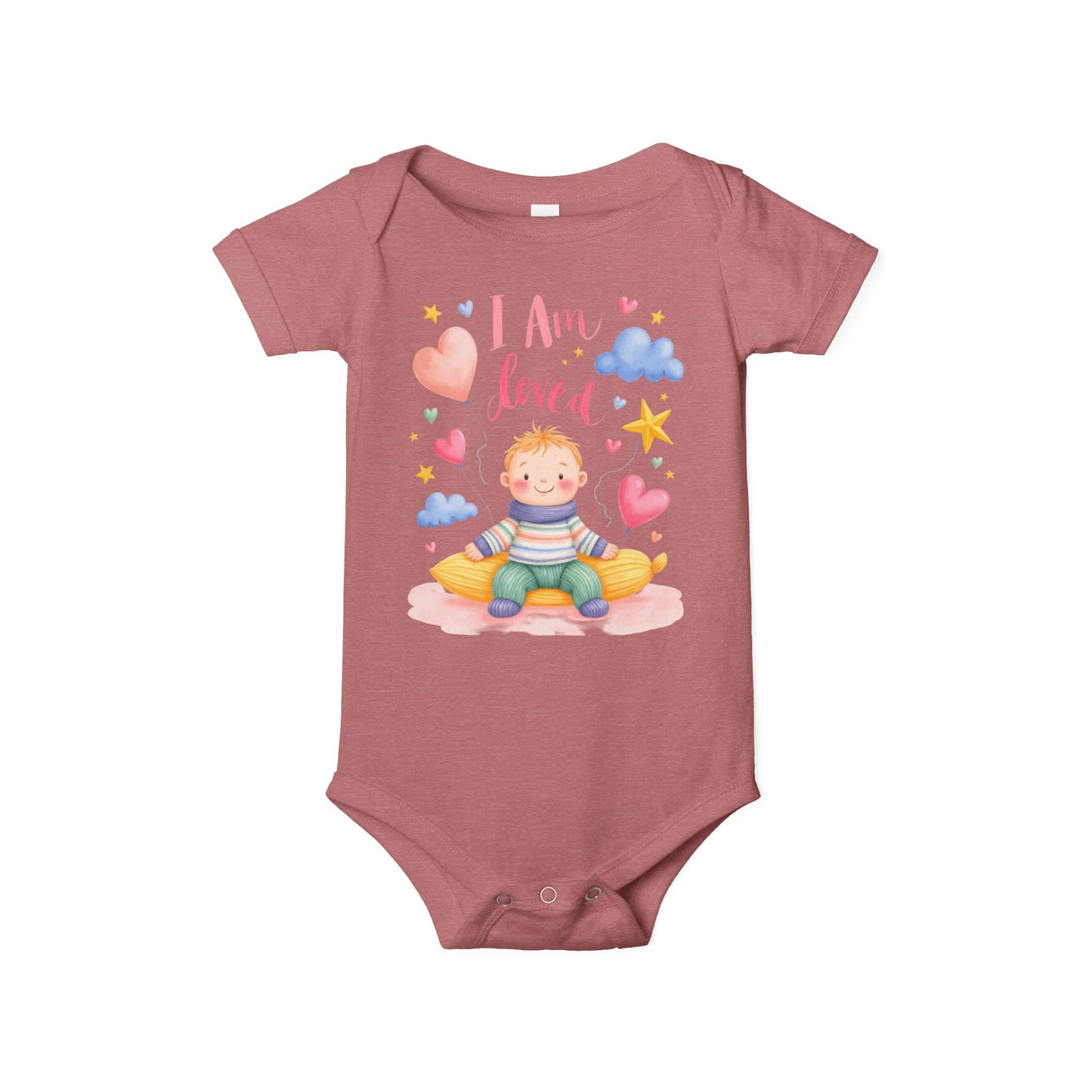 “I Am Loved” Baby Onesie – Cute Infant Bodysuit with Heart & Cloud Illustration