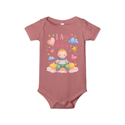 “I Am Loved” Baby Onesie – Cute Infant Bodysuit with Heart & Cloud Illustration