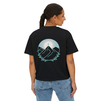 Women's Boxy Tee — Sunrise Mountain Line Art with Laurel (Calm, Faith-Inspired Vintage Tee)