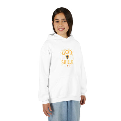 Youth Hoodie — "God Shield" Faith Graphic Pullover