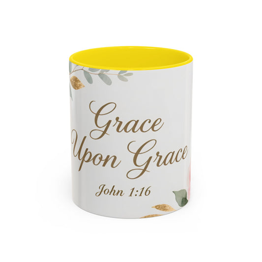 Mug with 'Grace Upon Grace' text and floral design on a white background