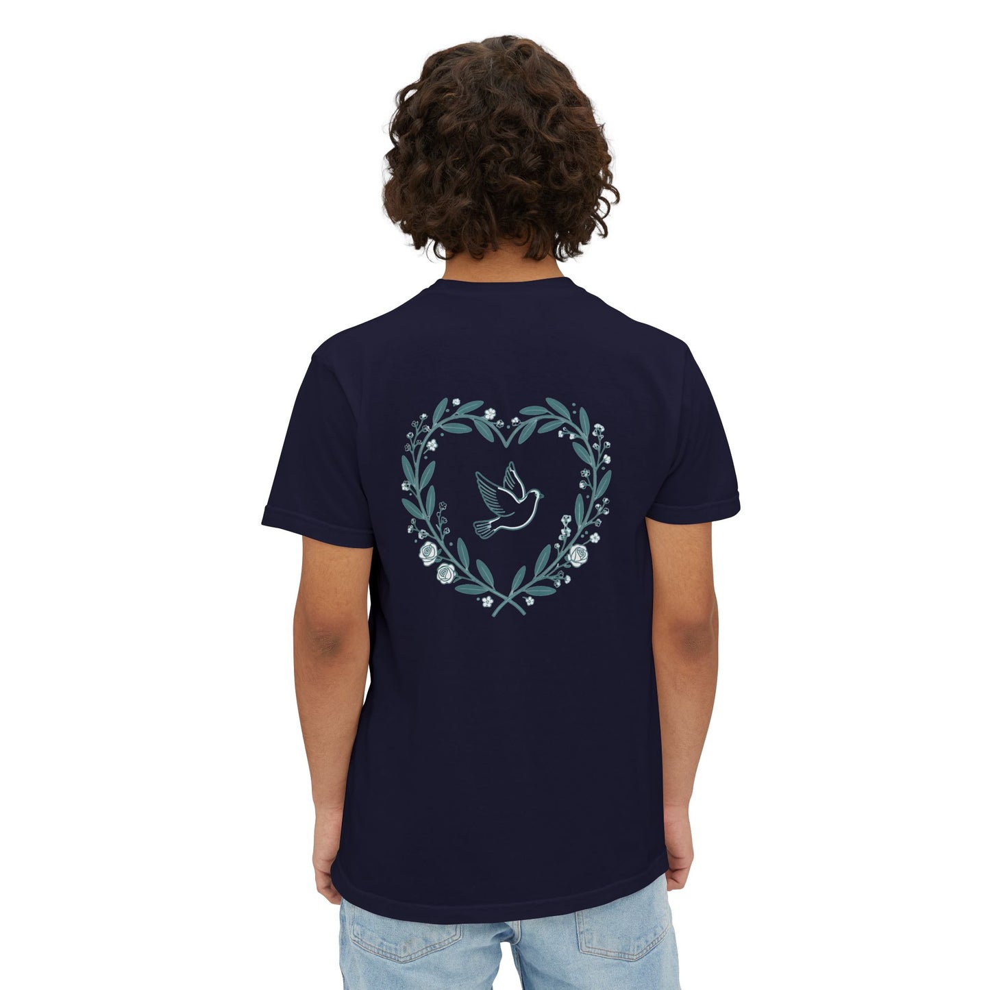 Pocket T-Shirt — Peace Dove Heart Back Graphic