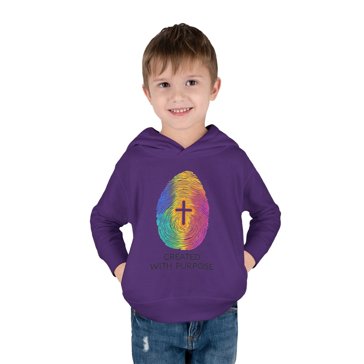 Toddler Hoodie — "Created With Purpose" Rainbow Fingerprint Cross