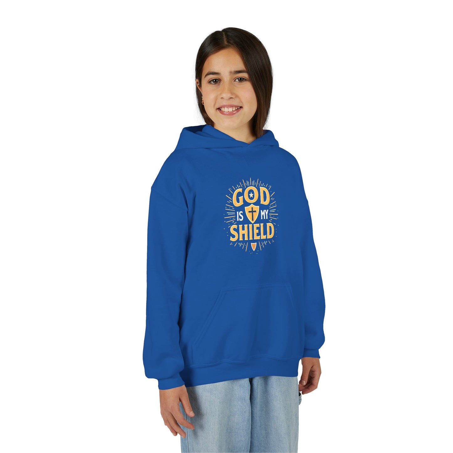 Youth Hoodie — "God Shield" Faith Graphic Pullover
