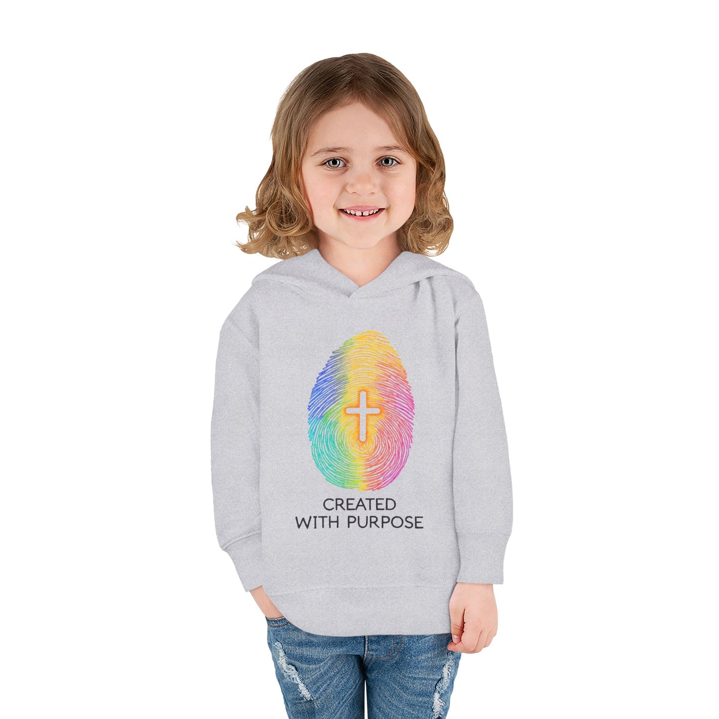 Toddler Hoodie — "Created With Purpose" Rainbow Fingerprint Cross