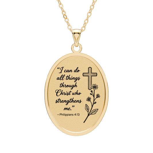Philippians 4:13 Oval Pendant Necklace — Inspirational Cross Floral Engraved Jewelry (Gold/Silver)
