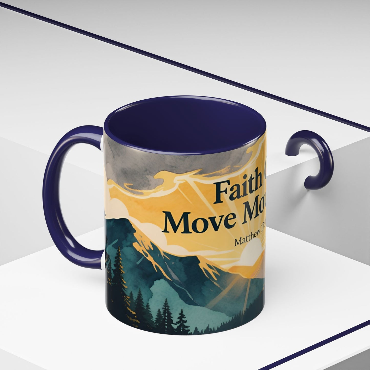 Faith Can Move Mountains Coffee Mug — Matthew 17:20 Inspirational Accent Mug