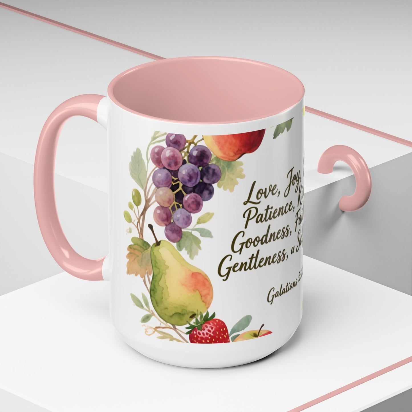 Christian Fruit of the Spirit Accent Coffee Mug — Galatians 5:22-23 Floral Scripture Design (11/15oz)