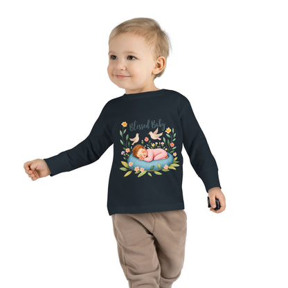 Blessed Baby Toddler Long Sleeve Tee — Cute Sleeping Newborn Floral Design