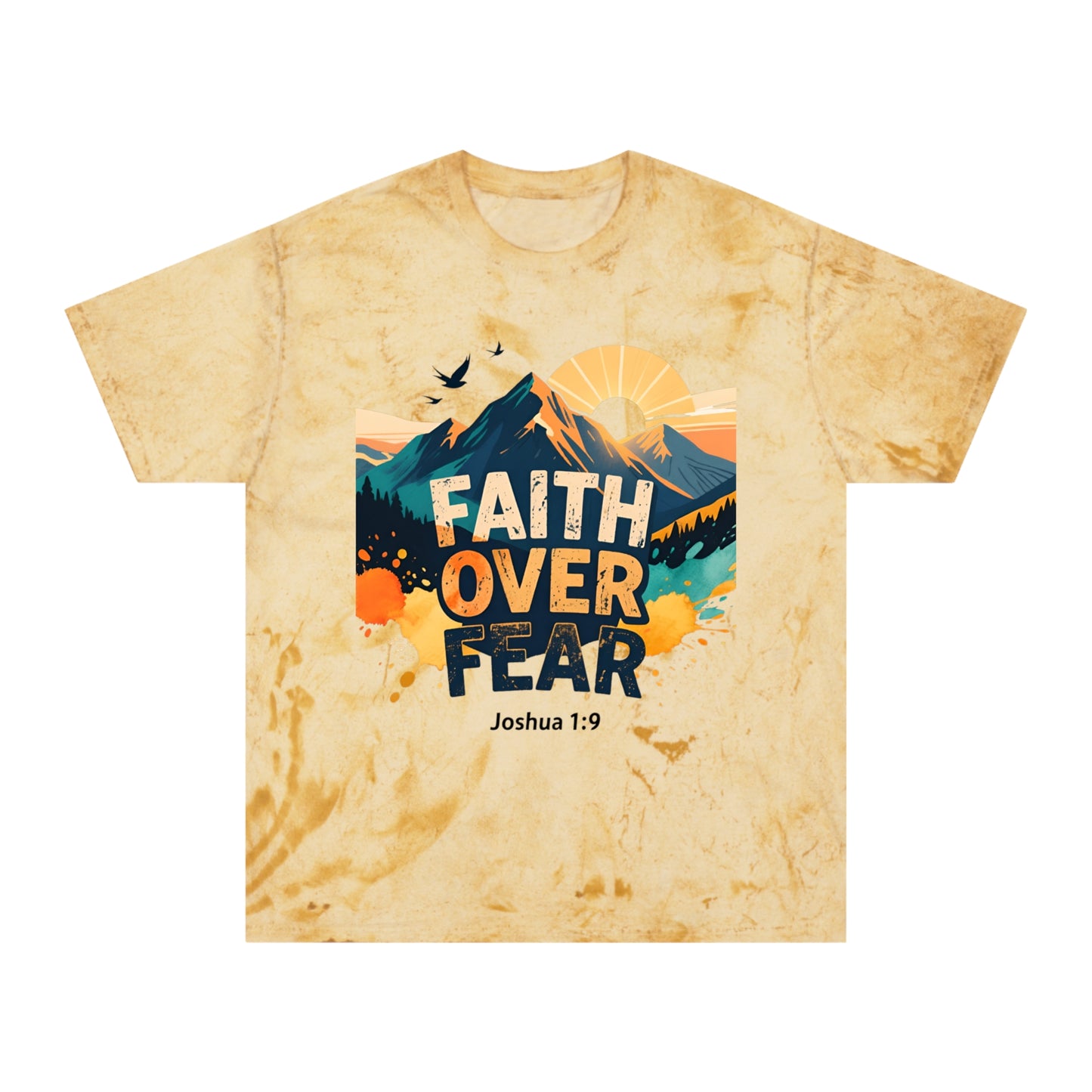 Faith Over Fear Color-Blast T-Shirt — Joshua 1:9 Retro Sunrise