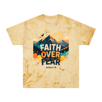 Faith Over Fear Color-Blast T-Shirt — Joshua 1:9 Retro Sunrise