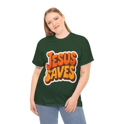 Jesus Saves Retro Tee — Bright Sunset Faith T-Shirt