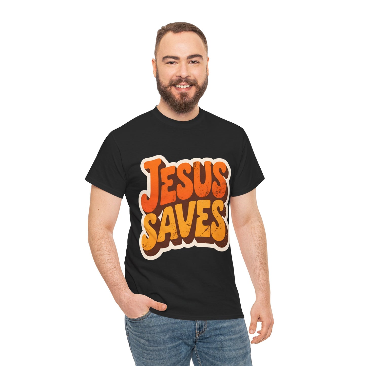 Jesus Saves Retro Tee — Bright Sunset Faith T-Shirt