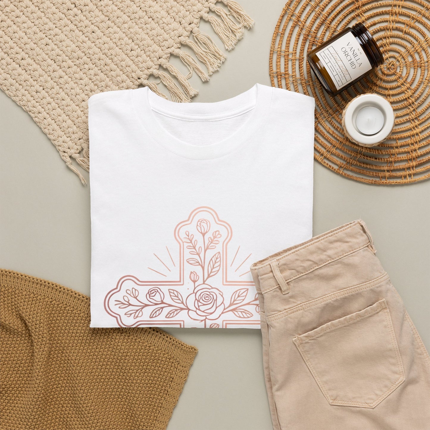 Floral Cross Tee – Delicate Pink Botanical Christian T-Shirt