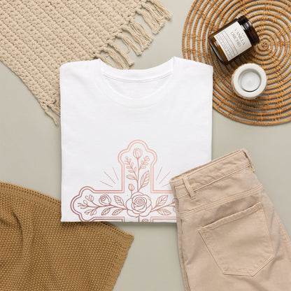 Floral Cross Tee – Delicate Pink Botanical Christian T-Shirt