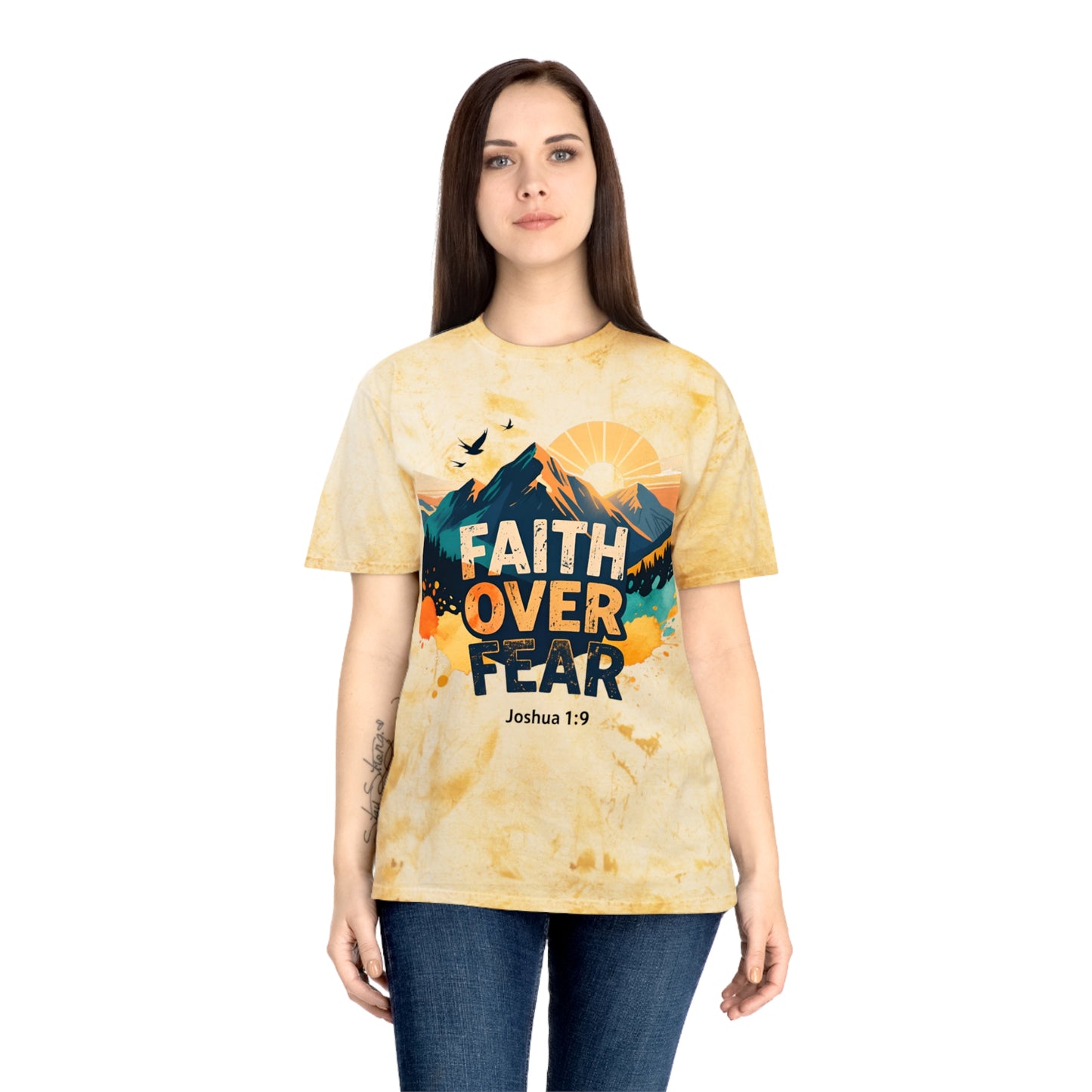 Faith Over Fear Color-Blast T-Shirt — Joshua 1:9 Retro Sunrise