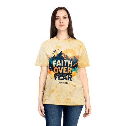 Faith Over Fear Color-Blast T-Shirt — Joshua 1:9 Retro Sunrise